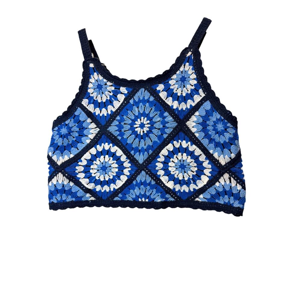 Aqua Girls Blue Crochet Granny Square Cami Tank Top Size M 9/10 Boho Knit Summer